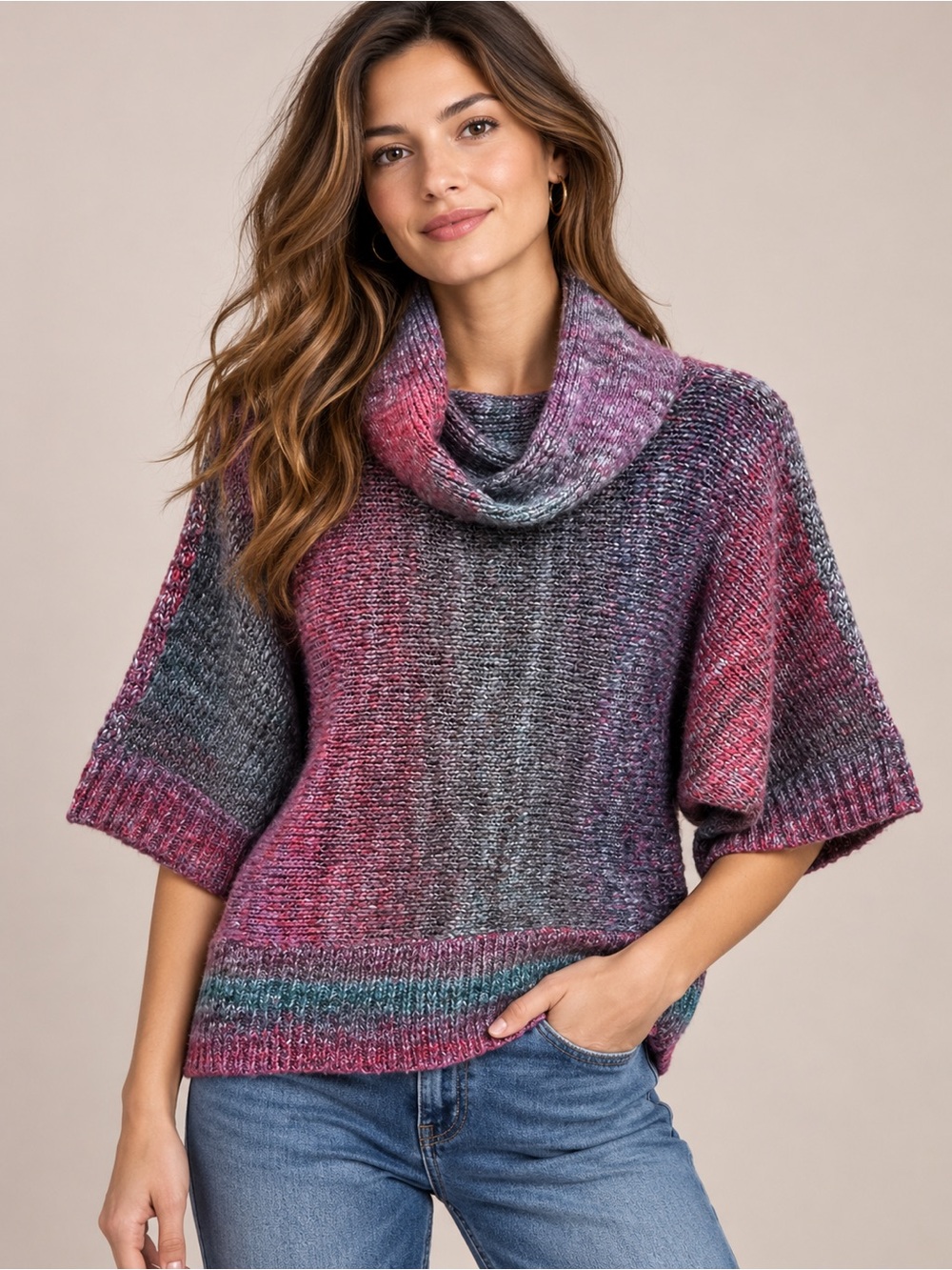 FEVER Ombré Cowl Neck Short Sleeve Sweater Knit Top Cozy Fuzzy Purple Size M